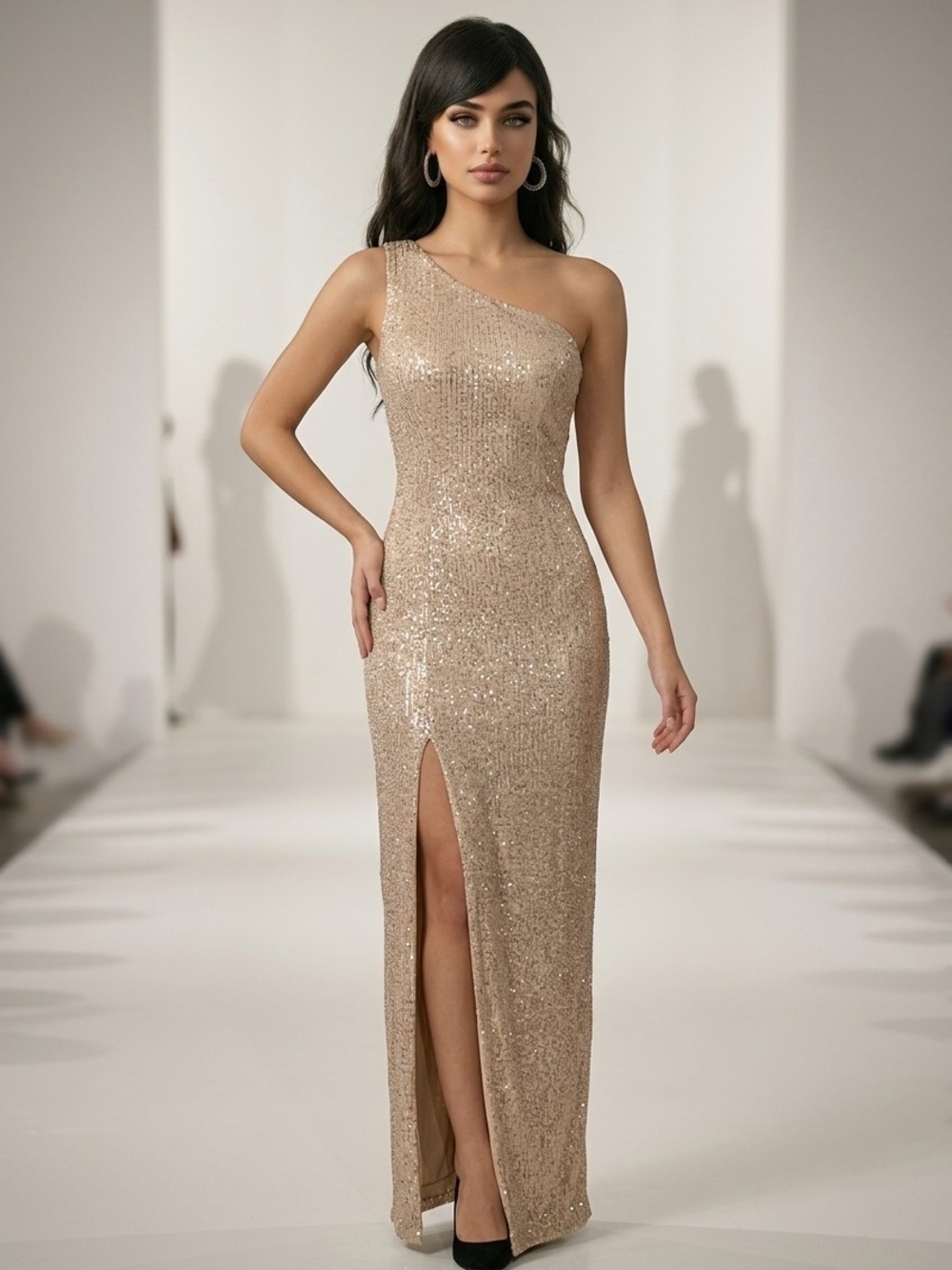 Joseph Ribkoff One-Shoulder Sequin Gown in Champagne Gold